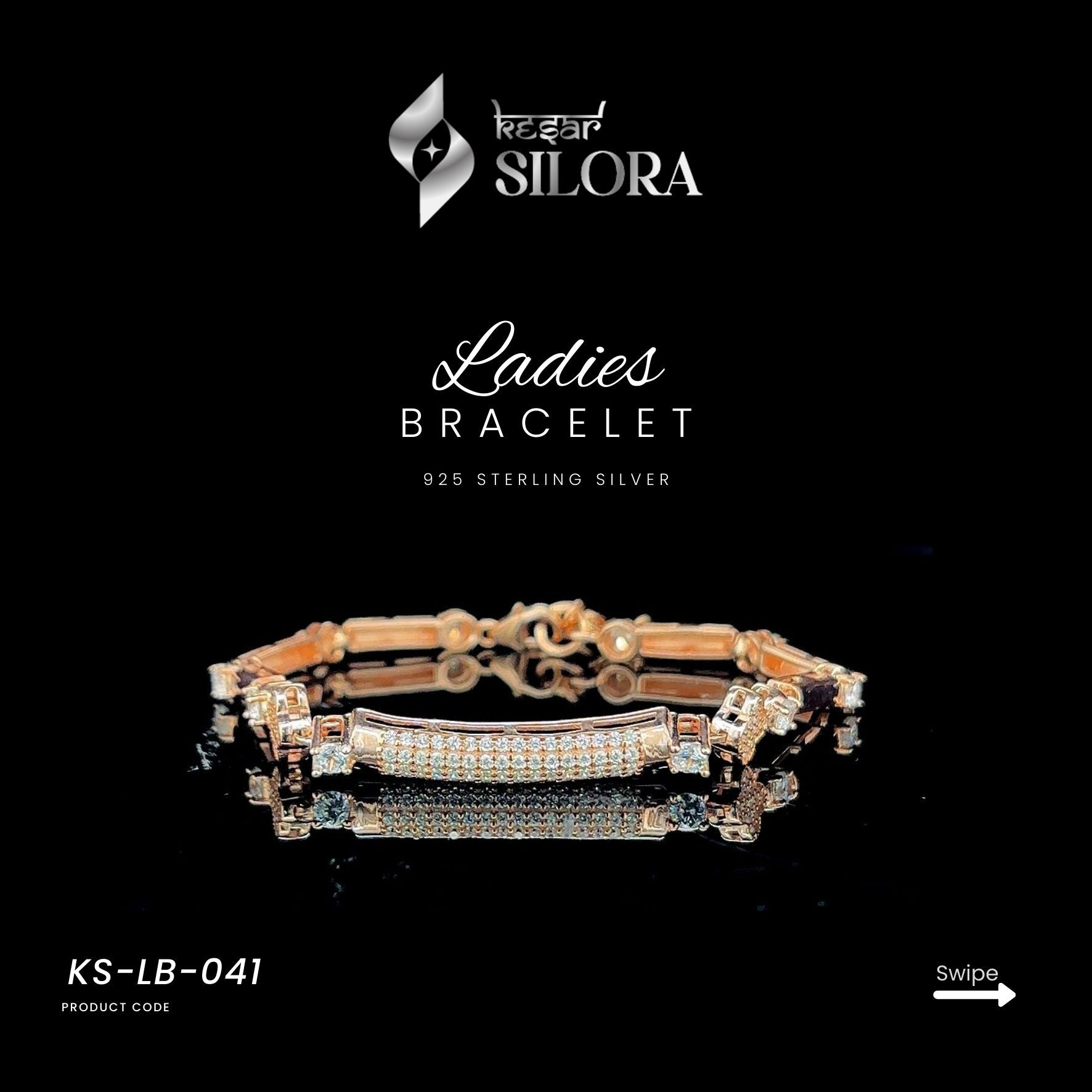 Rose Gold-Tone Diamond Studded Silver Bracelet With A Curved Pavé-Set Central Bar