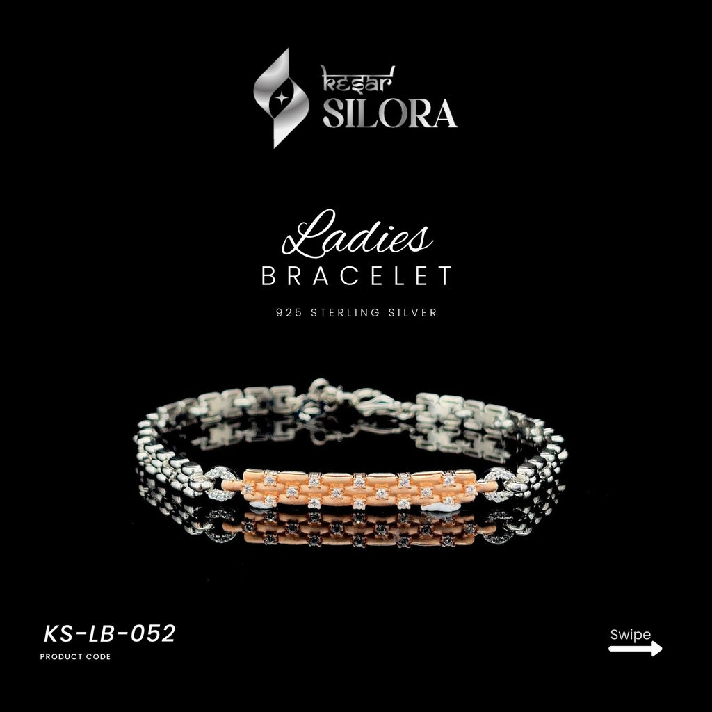 Three Row Rose Gold-Tone & Silver Bracelet With Embellished Diamonds
