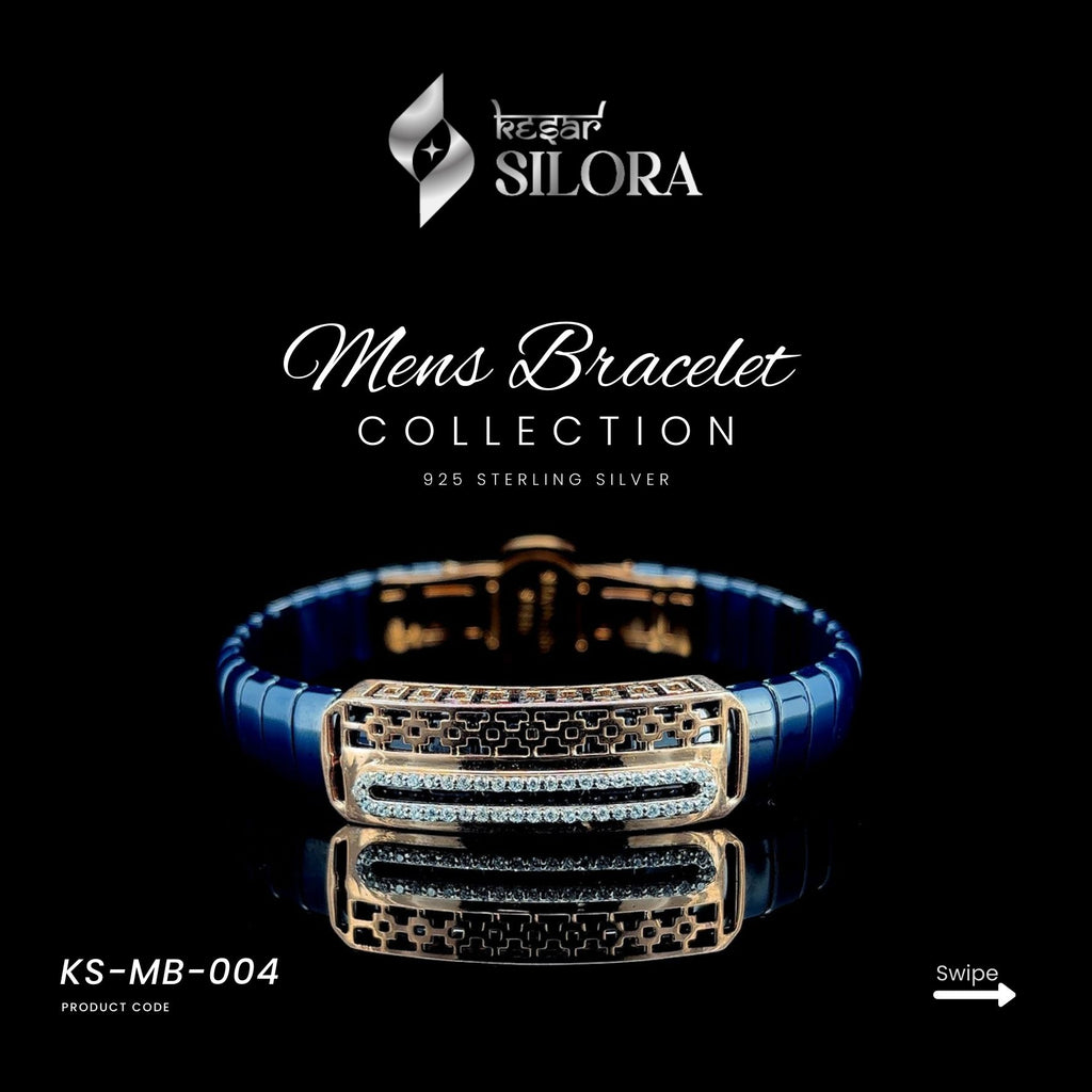 Blue Sterling Silver Men's Bracelet With Gold-Plated Centre Plate & Diamond-Studded Bars