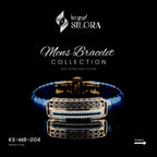 Blue Sterling Silver Men's Bracelet With Gold-Plated Centre Plate & Diamond-Studded Bars