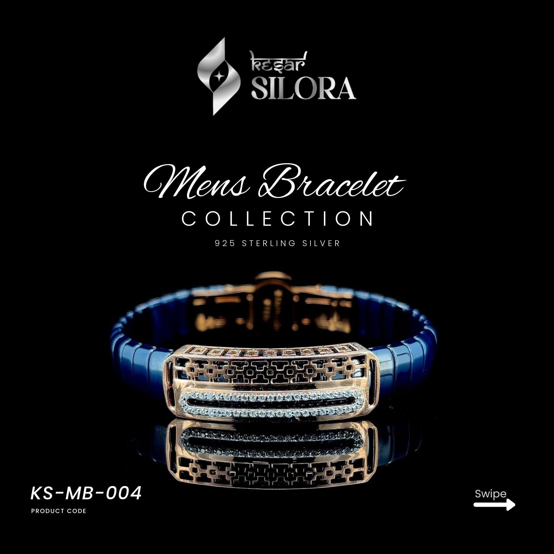 Blue Sterling Silver Men's Bracelet With Gold-Plated Centre Plate & Diamond-Studded Bars