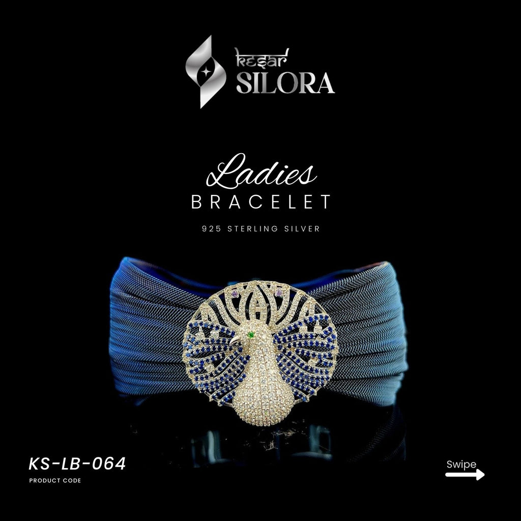 Blue Mesh Sterling Silver Peacock Charm Cuff Bracelet