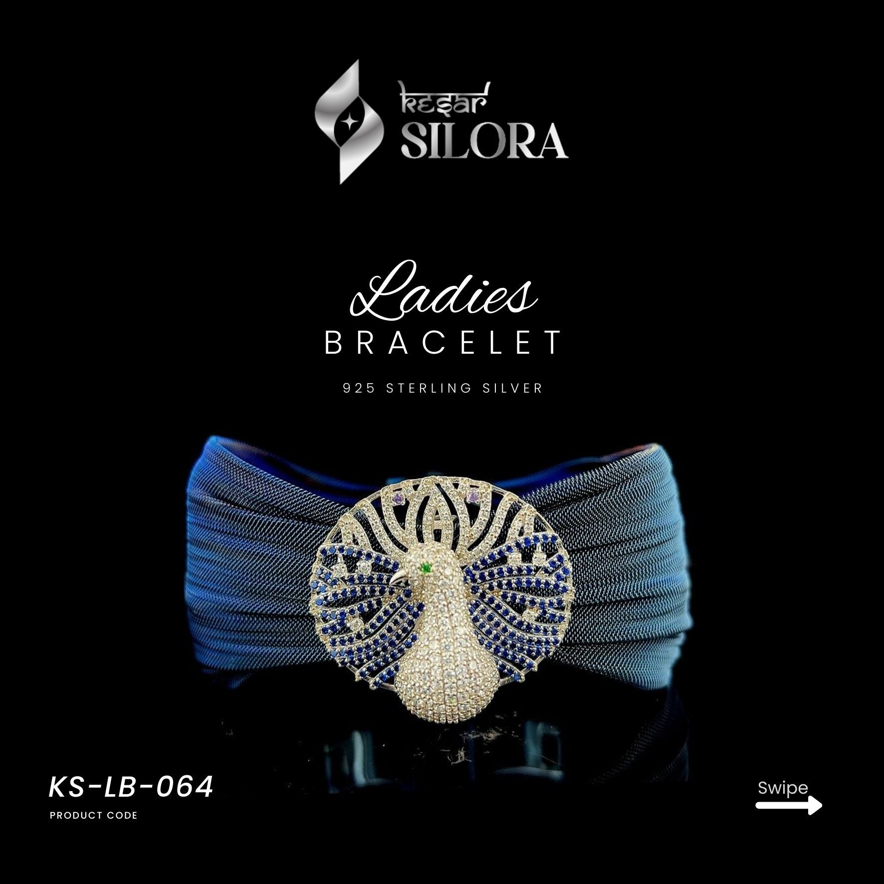 Blue Mesh Sterling Silver Peacock Charm Cuff Bracelet