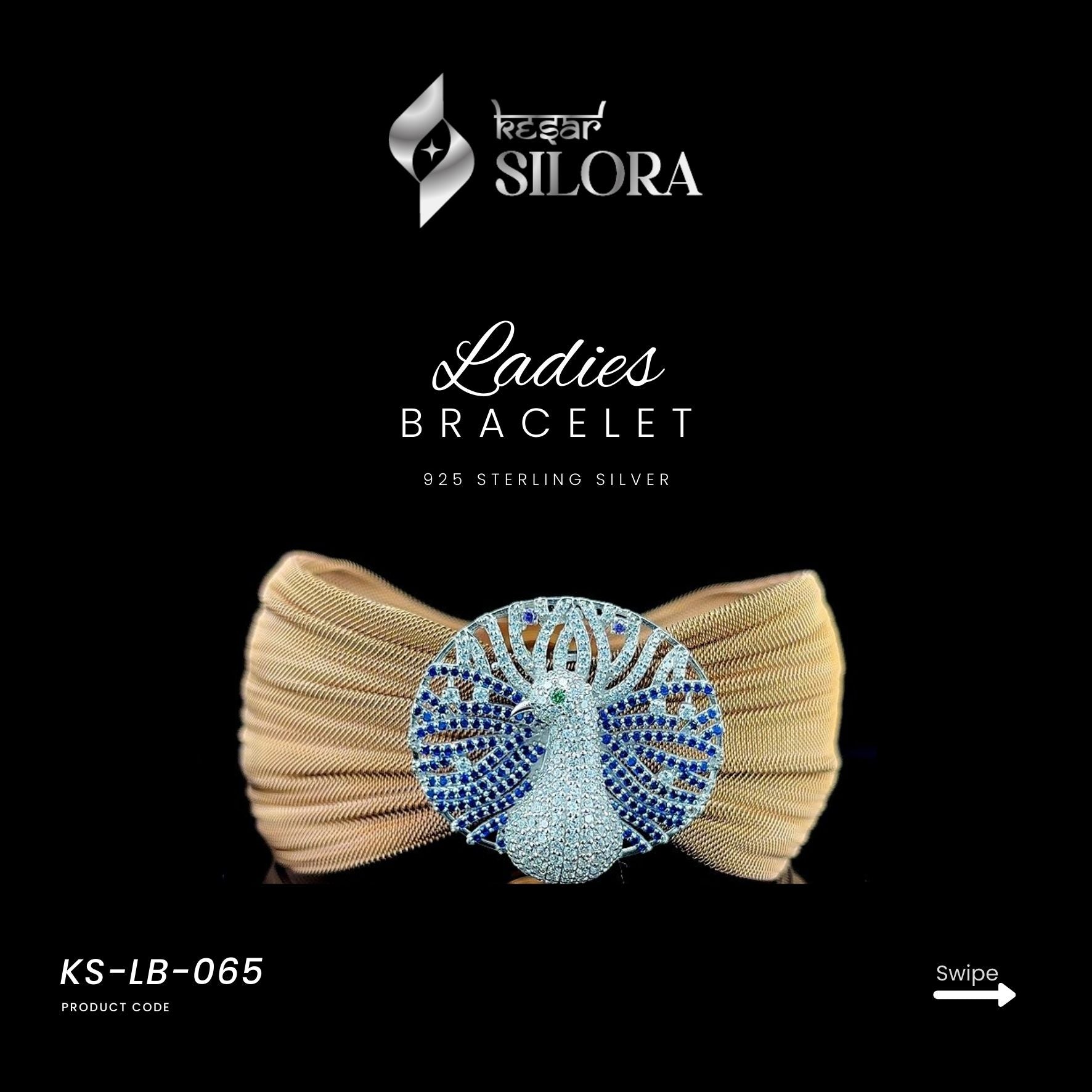 Gold Mesh Sterling Silver Peacock Charm Cuff Bracelet