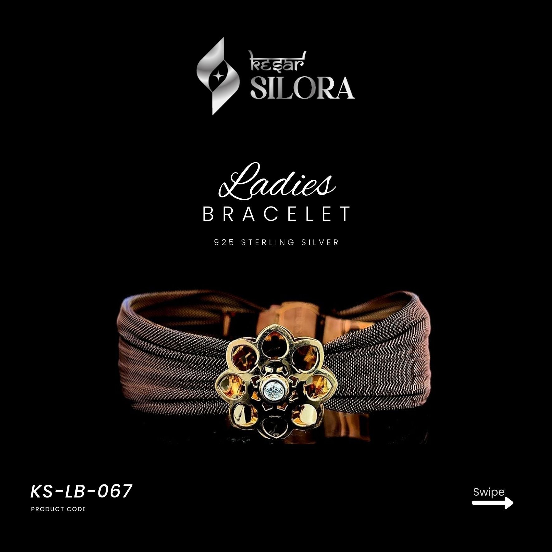 Single Diamond Studded Floral Charm On A Sterling Silver Brown Mesh Cuff Bracelet