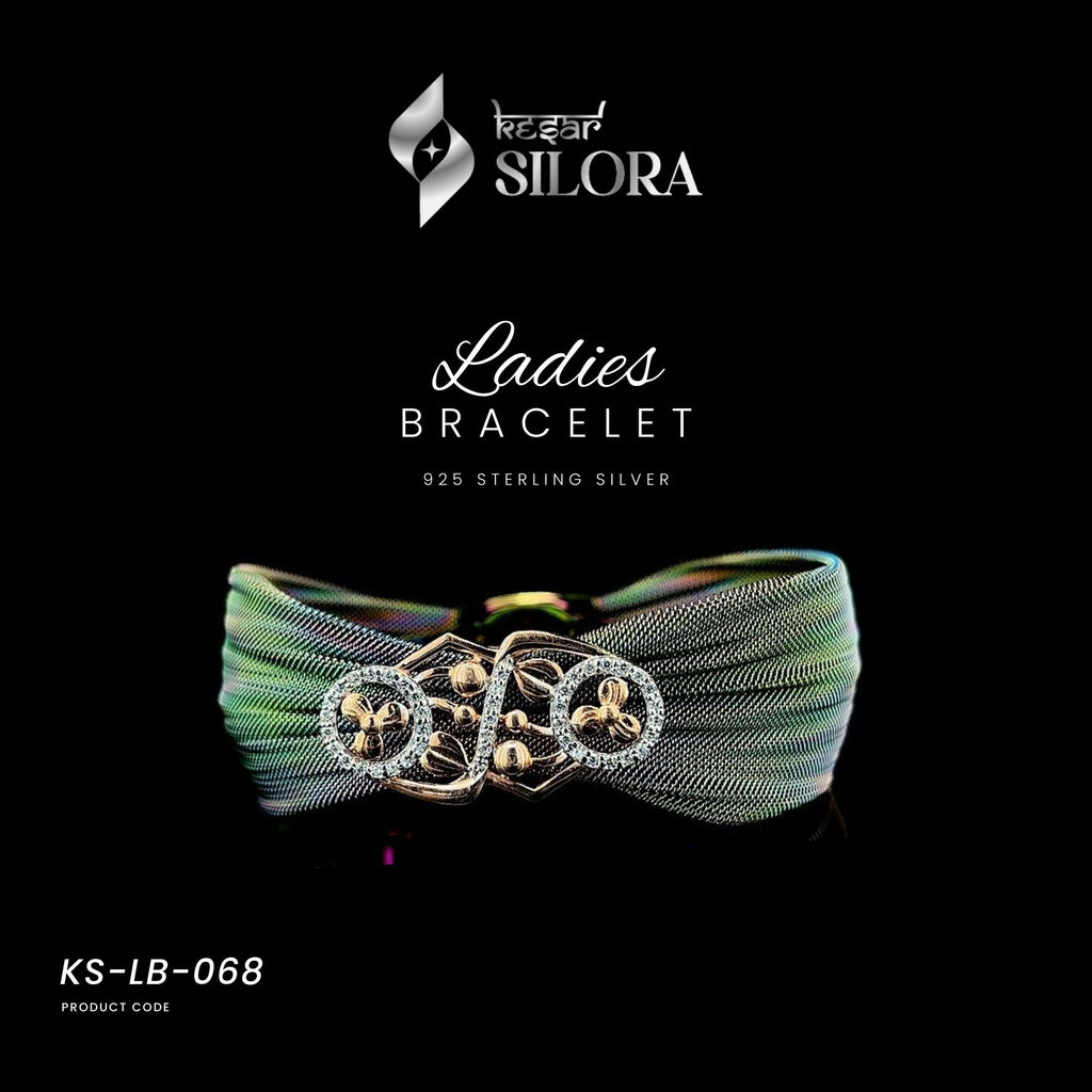 Grey Mesh with Diamond Studded Gold Plated Charm Sterling Silver Cuff Bracelet