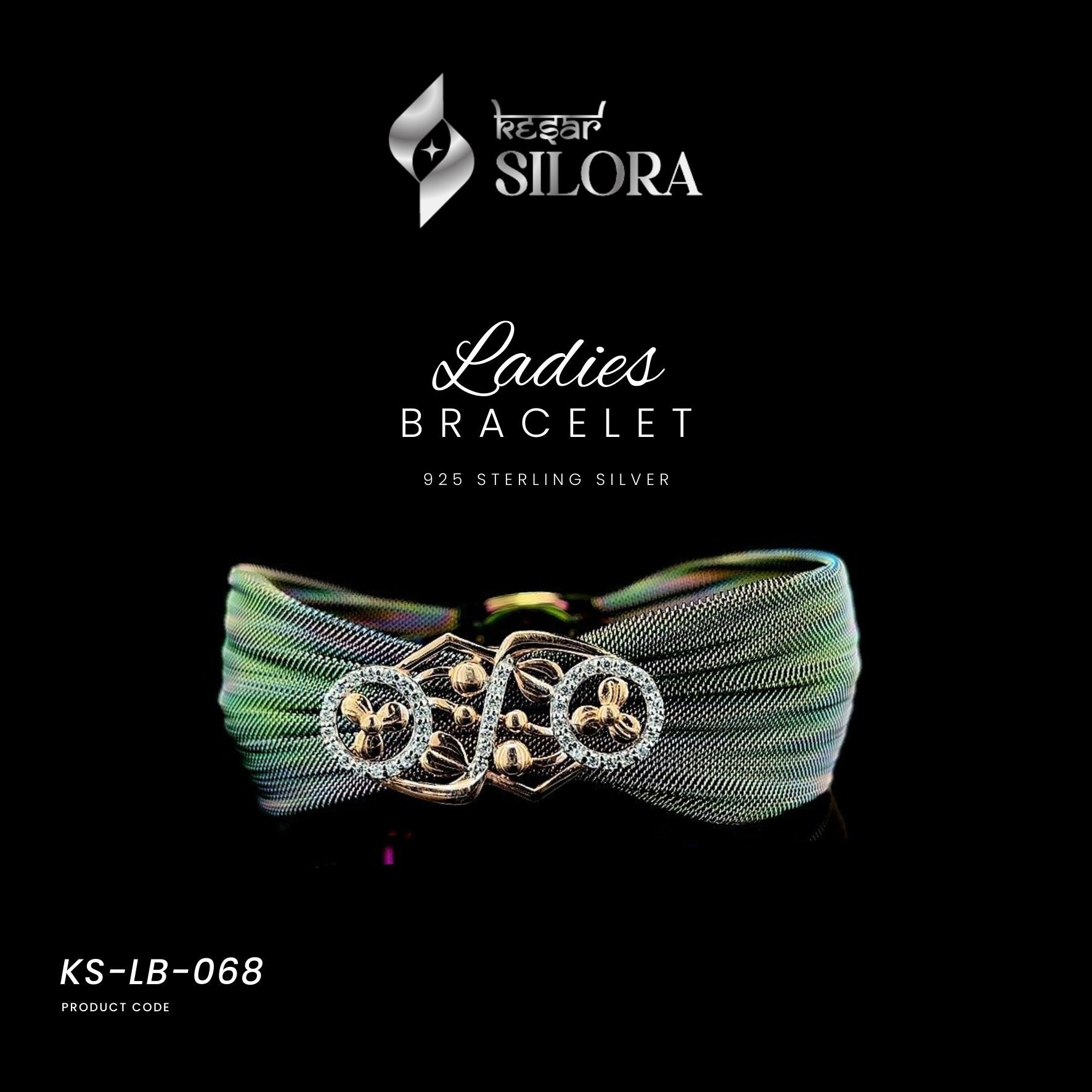 Grey Mesh with Diamond Studded Gold Plated Charm Sterling Silver Cuff Bracelet