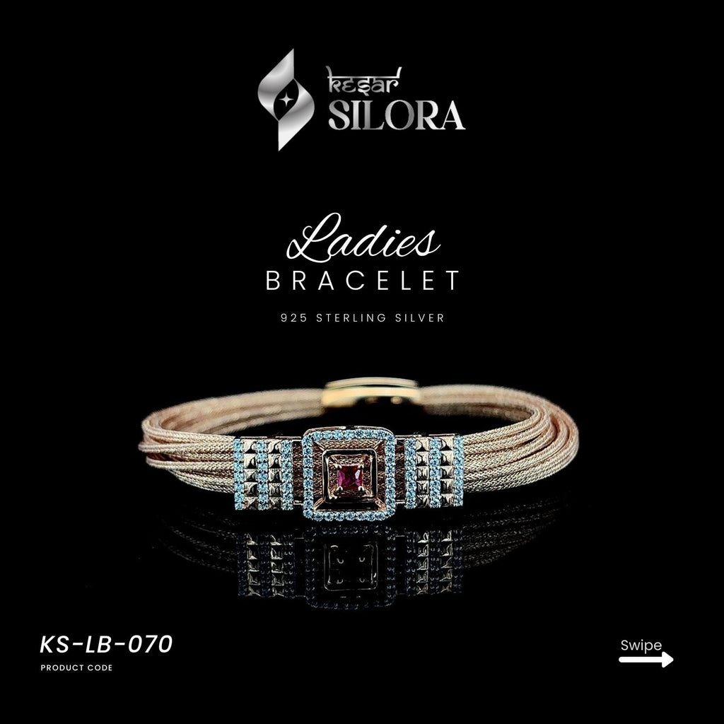 Gold Mesh Sterling Silver Bracelet with Diamond Studded Square Charm And A Central Ruby Stone