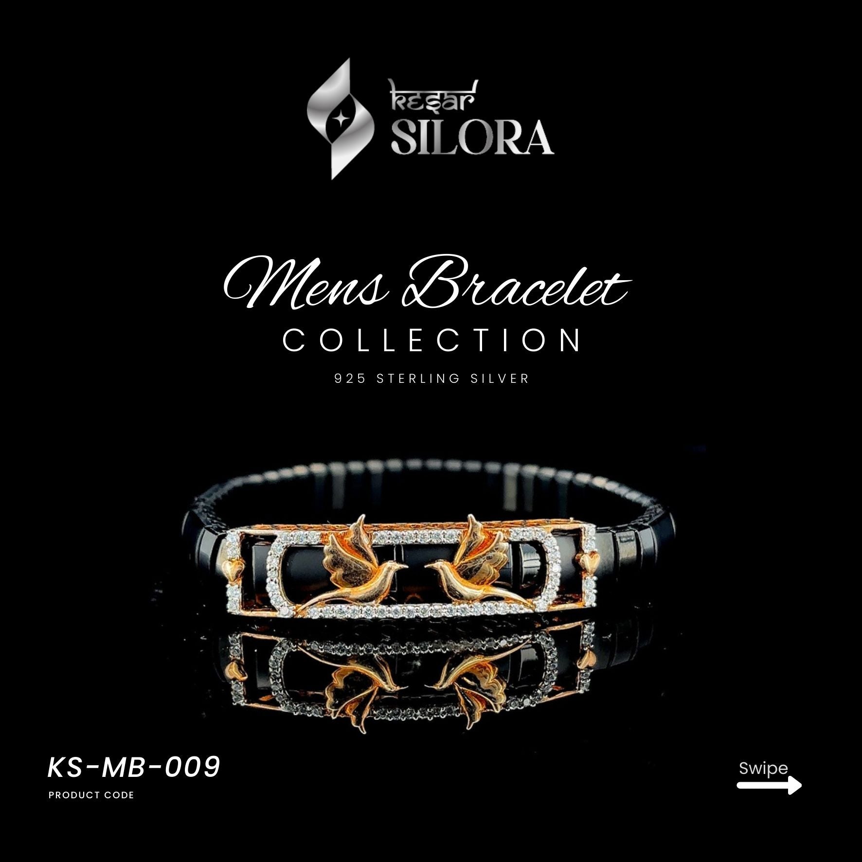 Black Interlinked Chain Men's Sterling Silver Bracelet With Gold-Plated Leaf Motifs & Diamond-Studded Centre Plate