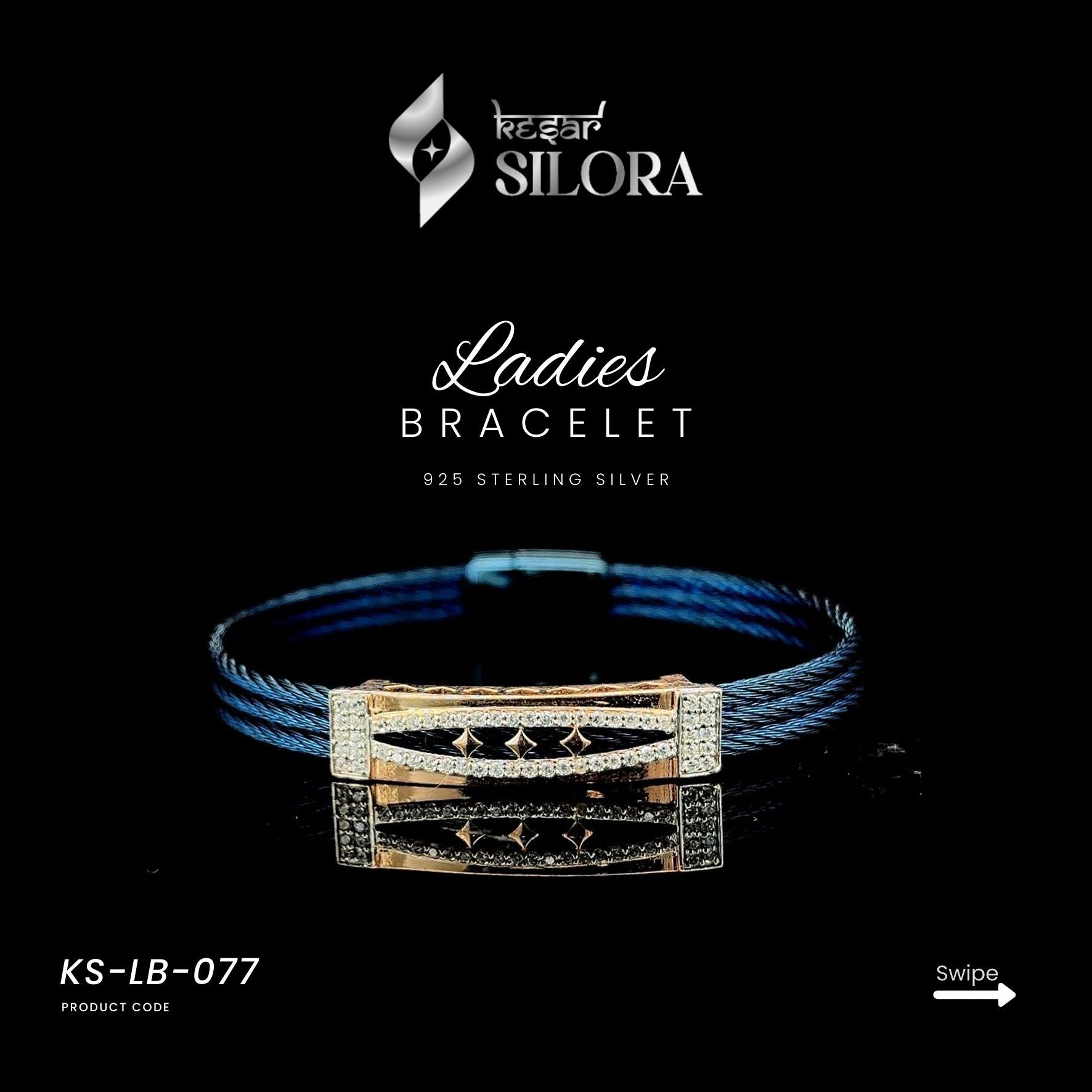 Blue Triple Sterling Silver Cable With Diamond Studded Rectangular Insert