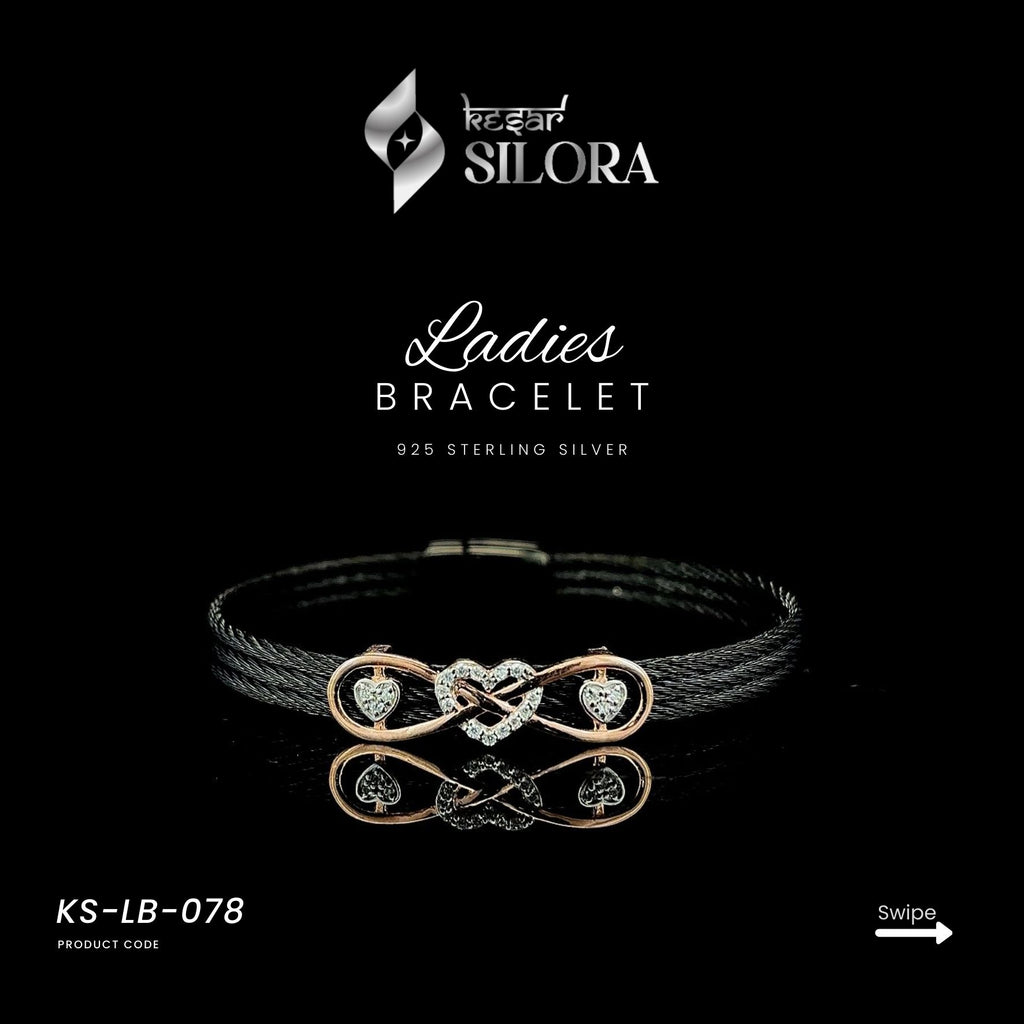 Black Triple Sterling Silver Cable With Diamond Studded Infinity Heart Insert