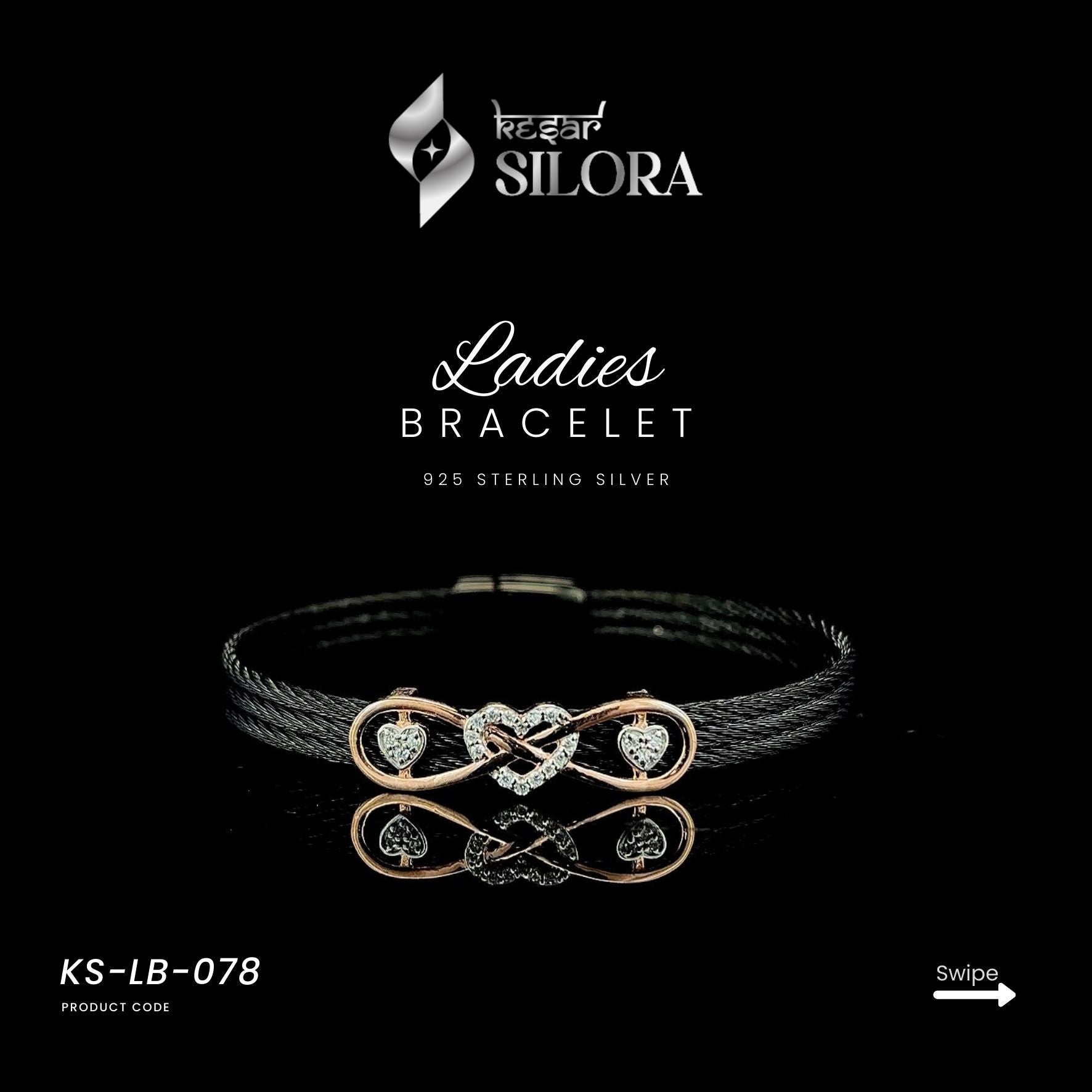 Black Triple Sterling Silver Cable With Diamond Studded Infinity Heart Insert