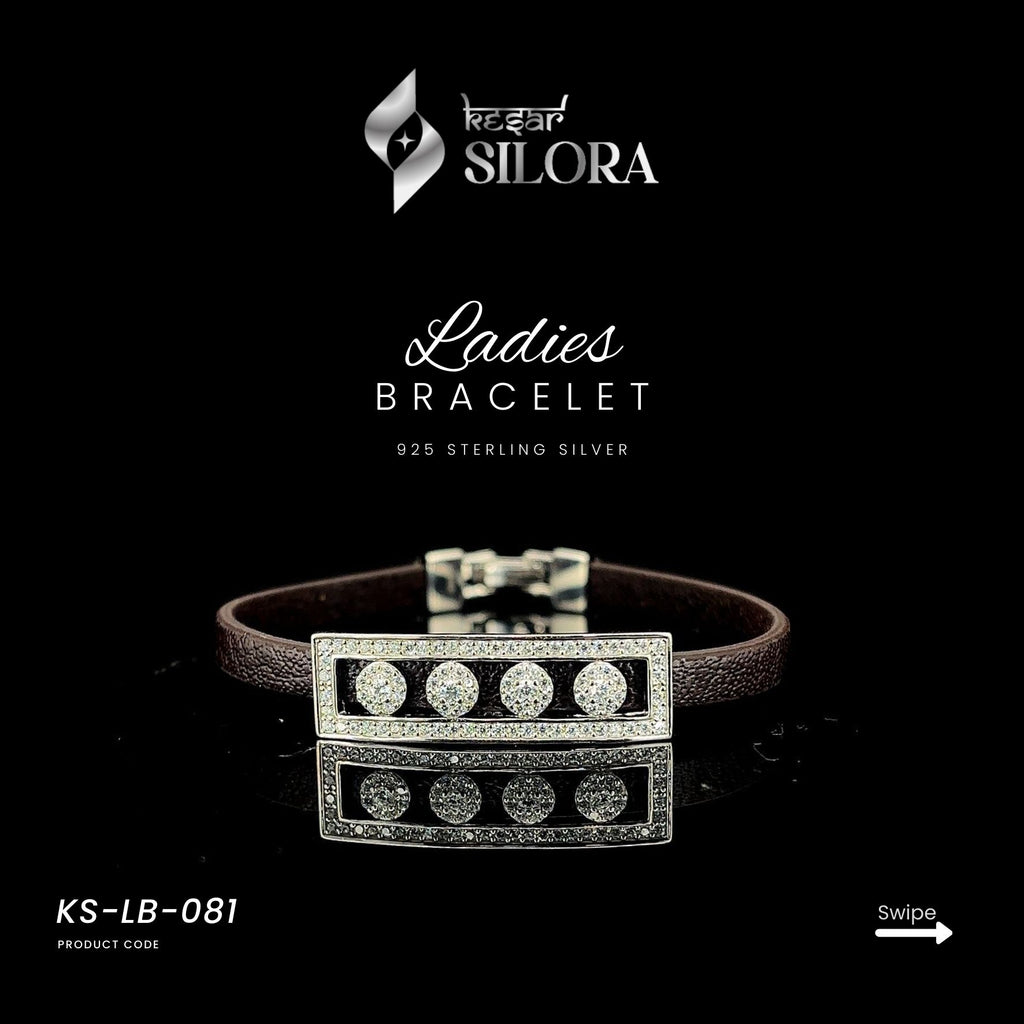 Geometric Diamond Studded Silver Charm With Leather Belt Bracelet
