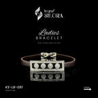 Geometric Diamond Studded Silver Charm With Leather Belt Bracelet