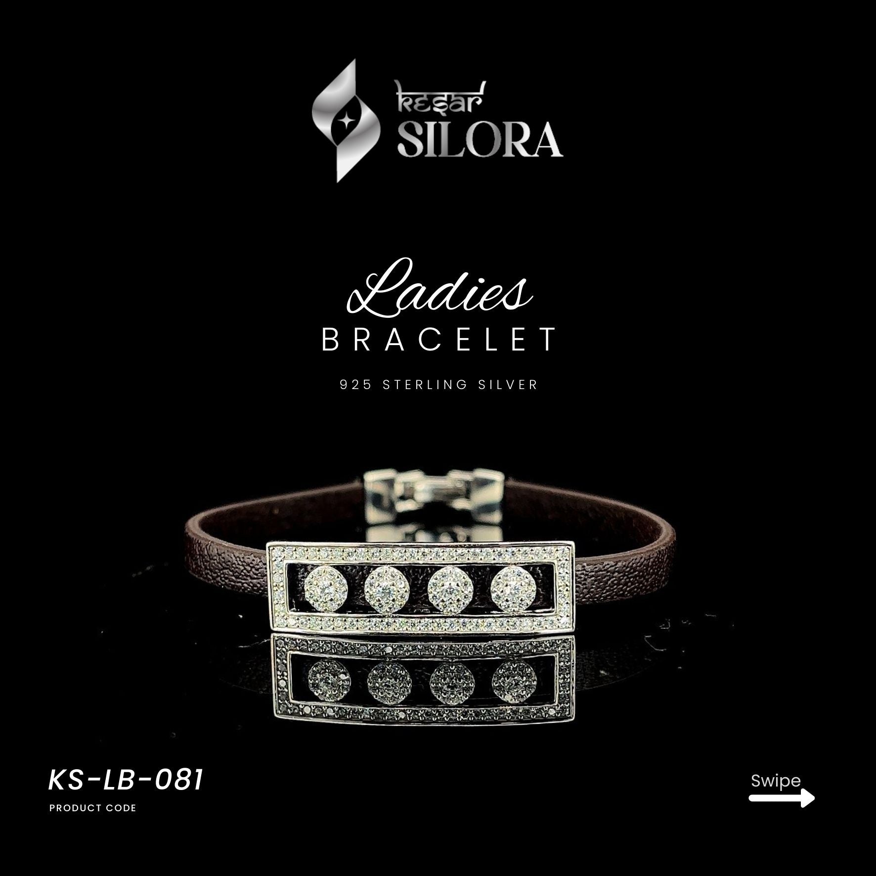 Geometric Diamond Studded Silver Charm With Leather Belt Bracelet