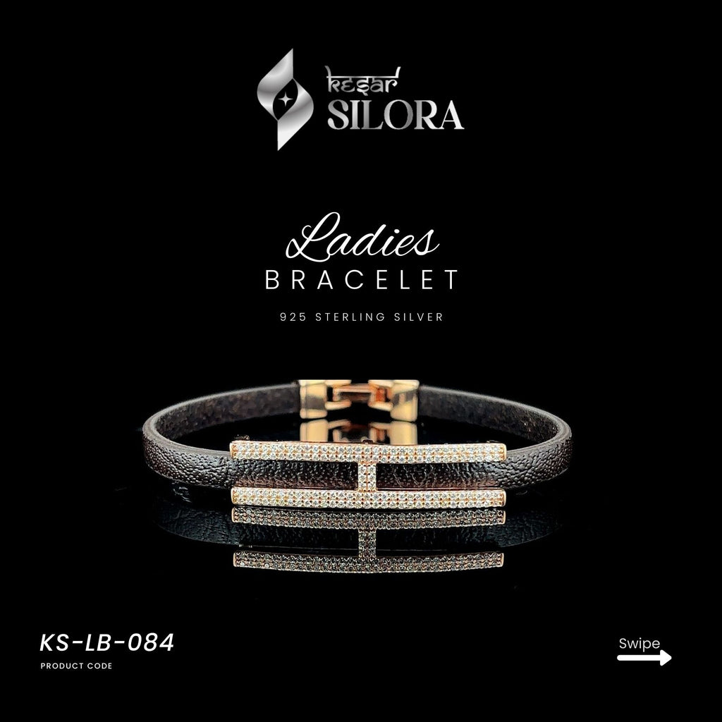 Parallel Line Diamond Studded Linked Leather Belt Bracelet