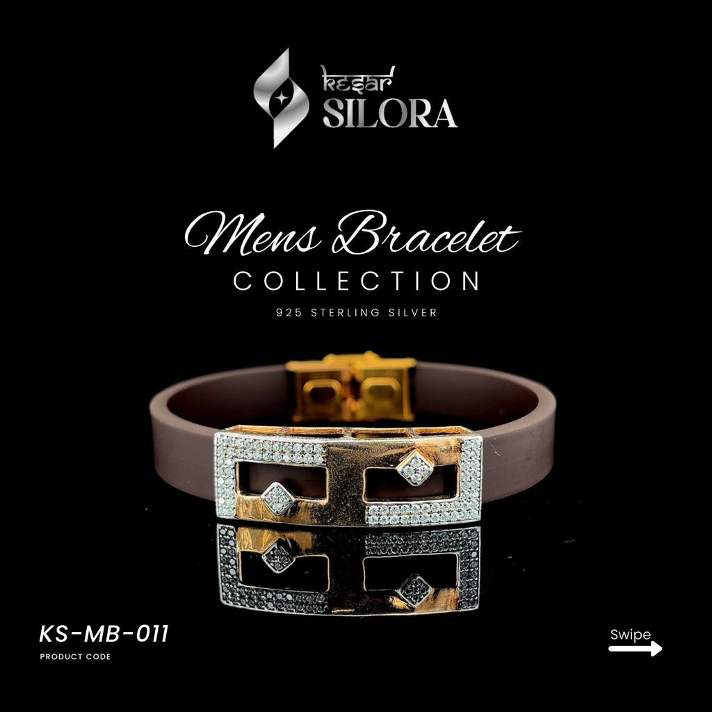 Brown Band Men's Bracelet With Gold-Plated Sterling Silver Centre Plate And Diamond-Studded Detailing