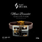 Brown Band Men's Bracelet With Gold-Plated Sterling Silver Centre Plate And Diamond-Studded Detailing