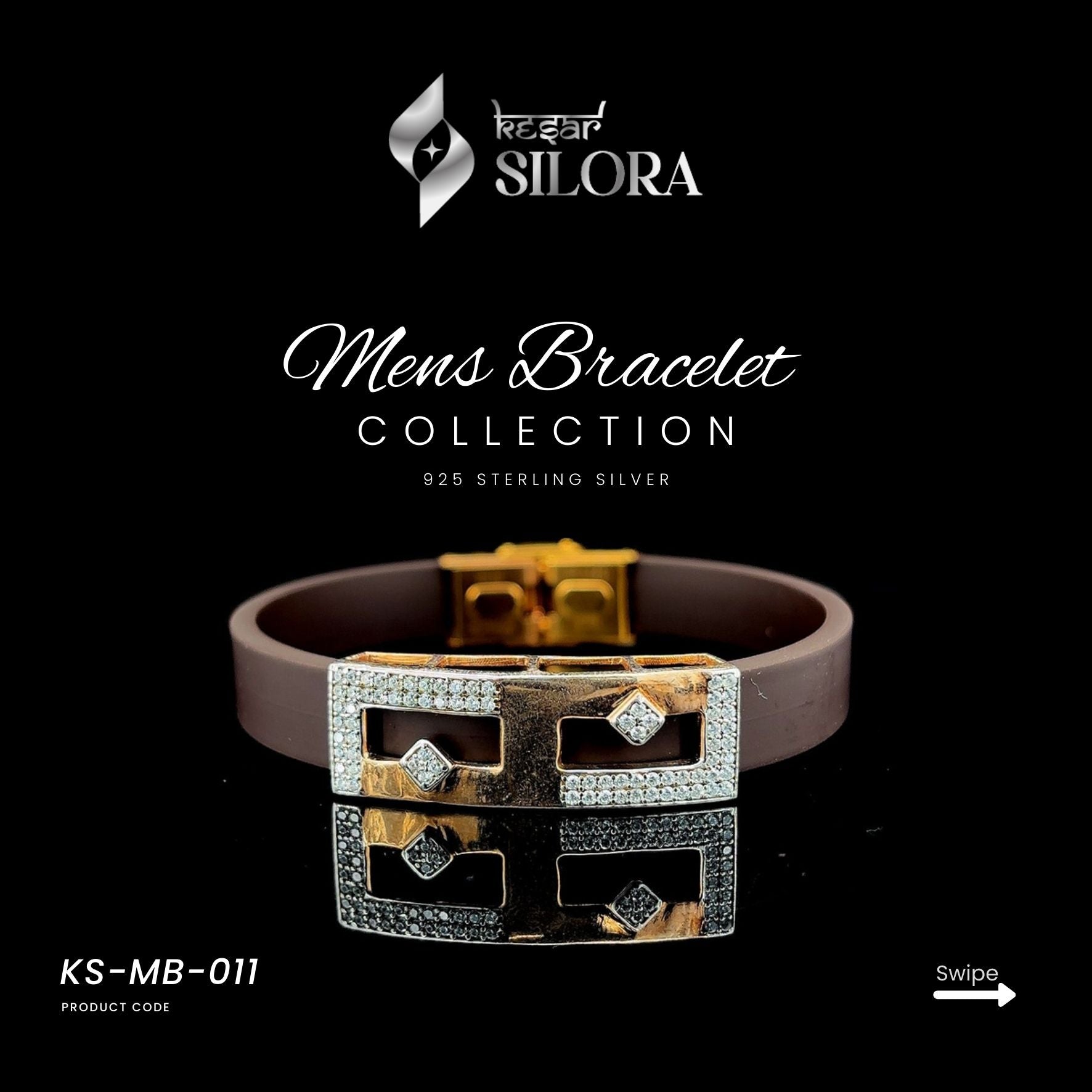 Brown Band Men's Bracelet With Gold-Plated Sterling Silver Centre Plate And Diamond-Studded Detailing