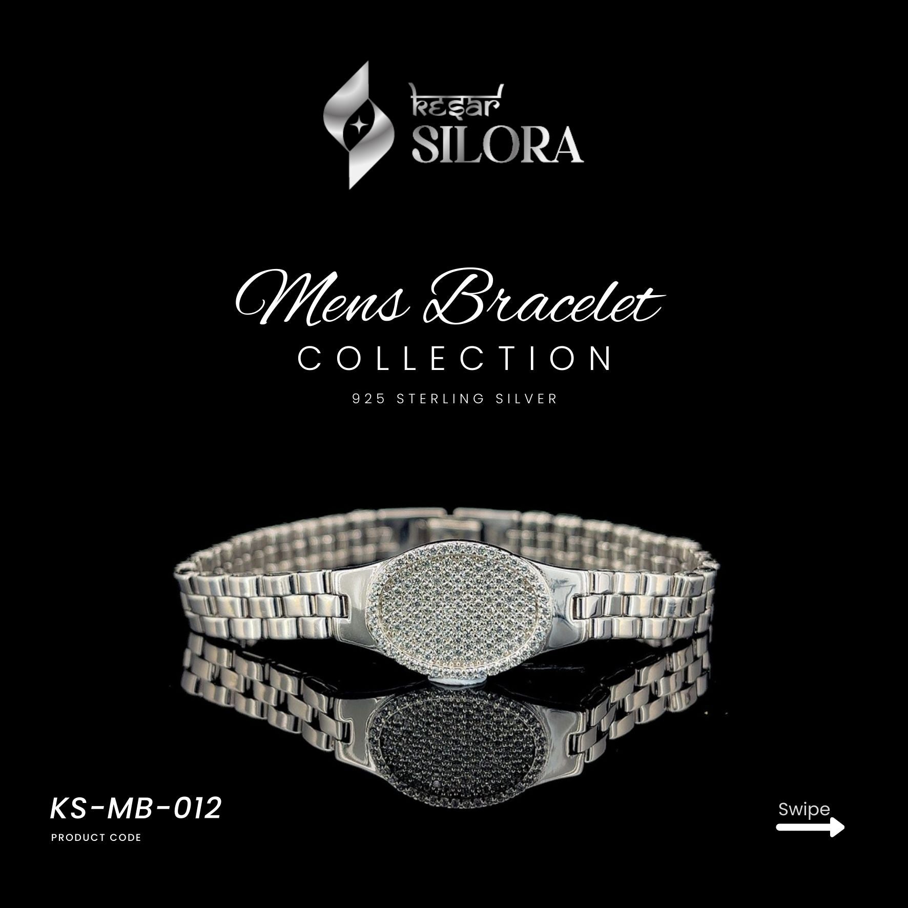 Silver Link Chain Band Men's Bracelet With Fully Diamond-Studded Oval Centre Plate