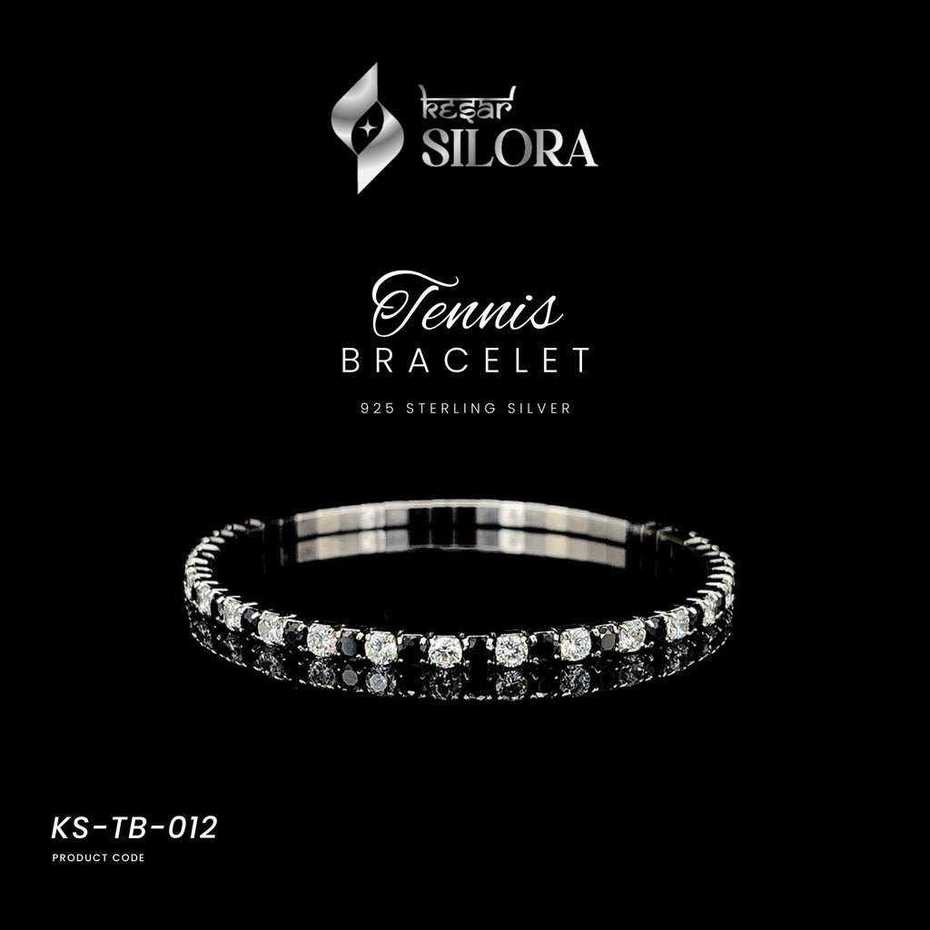 White & Black Alternating Diamonds - 925 Silver Studded Bracelet Band