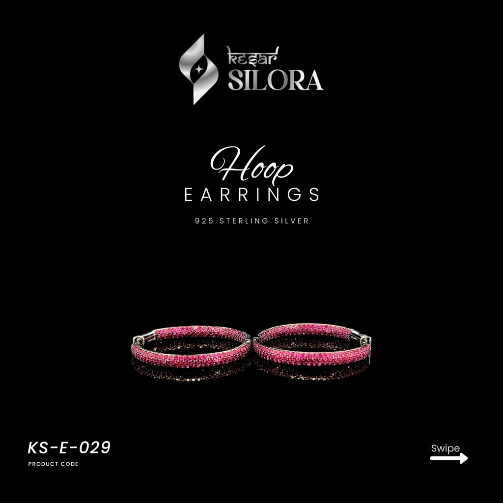 Fuchsia Pink Diamond Studded Sterling Silver hoops