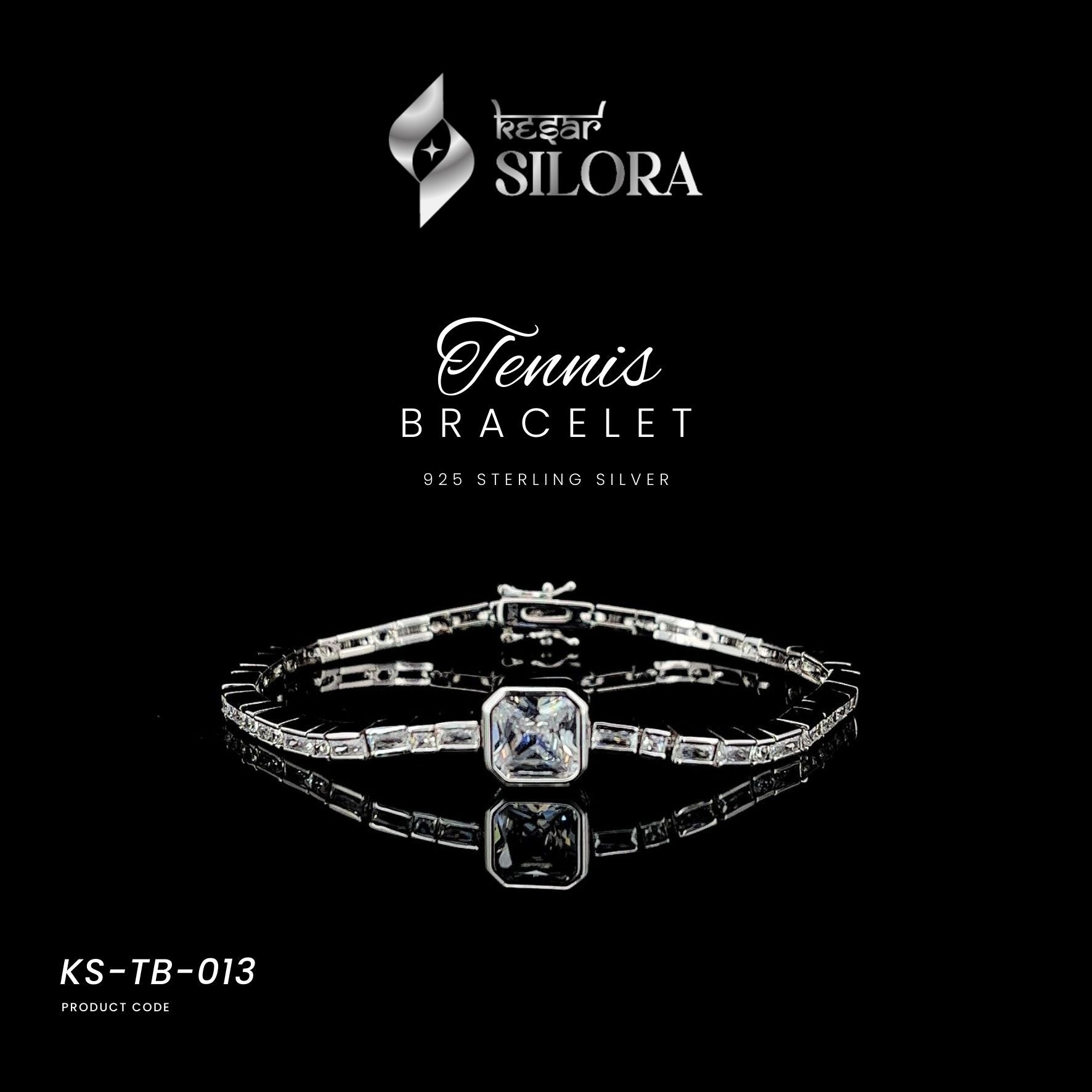 Princess-Cut Diamond Surrounded By Emerald-Cut Diamonds, 925 Sterling Silver Tennis Bracelet.