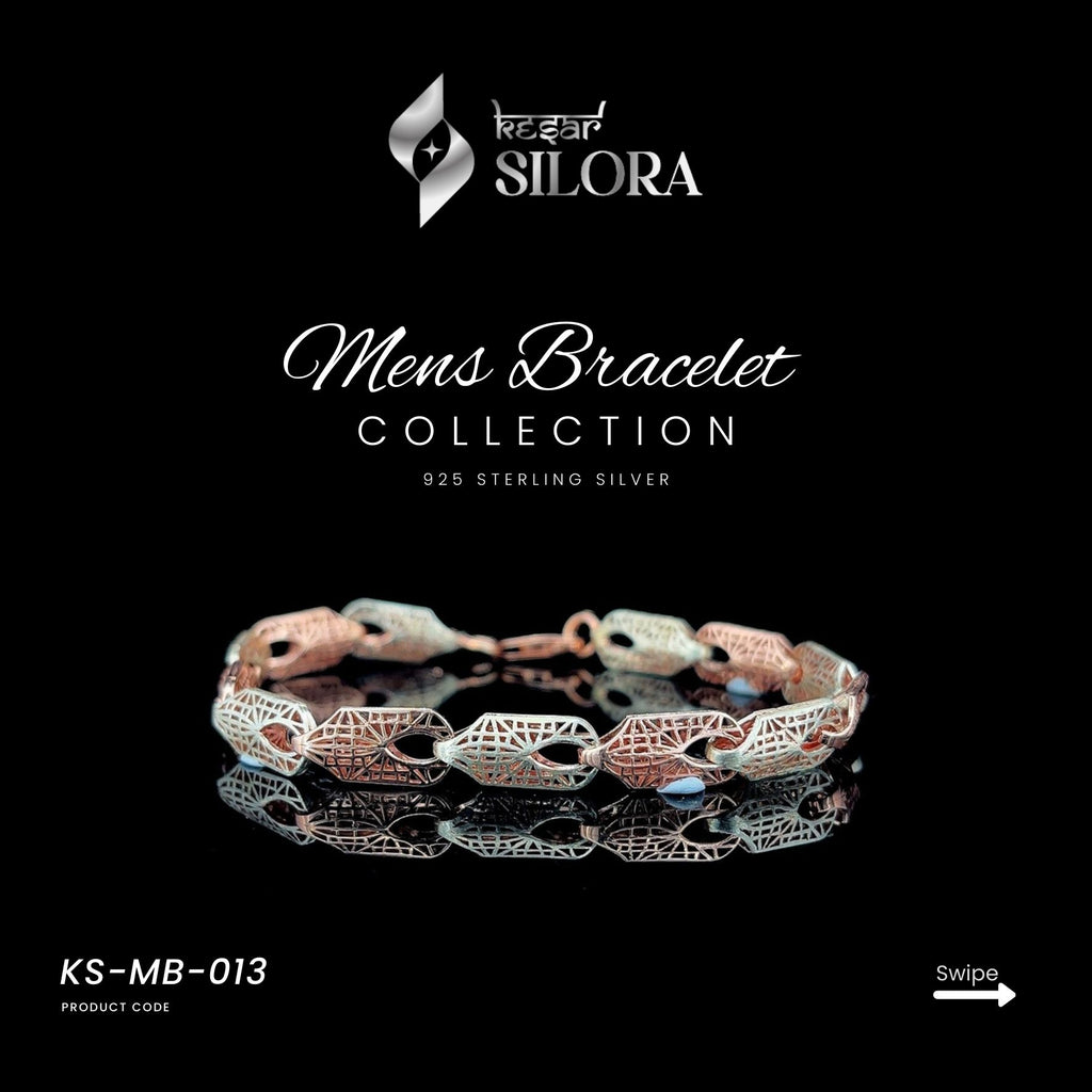 Two-Tone Sterling Silver Men's Bracelet With Cutout Patterned Silver And Rose-Gold Links