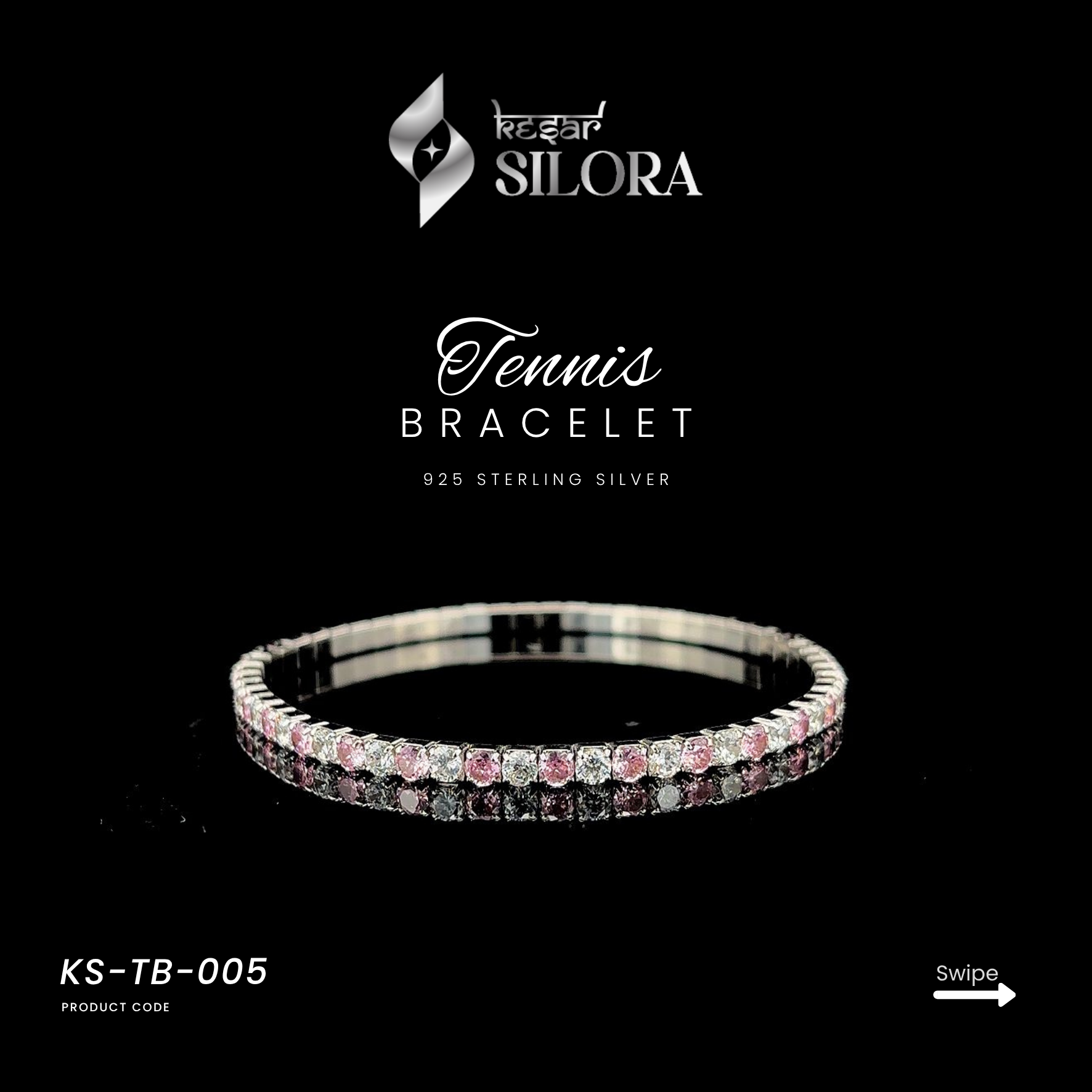 White & Pink Alternating Diamonds 925 Silver Studded Bracelet