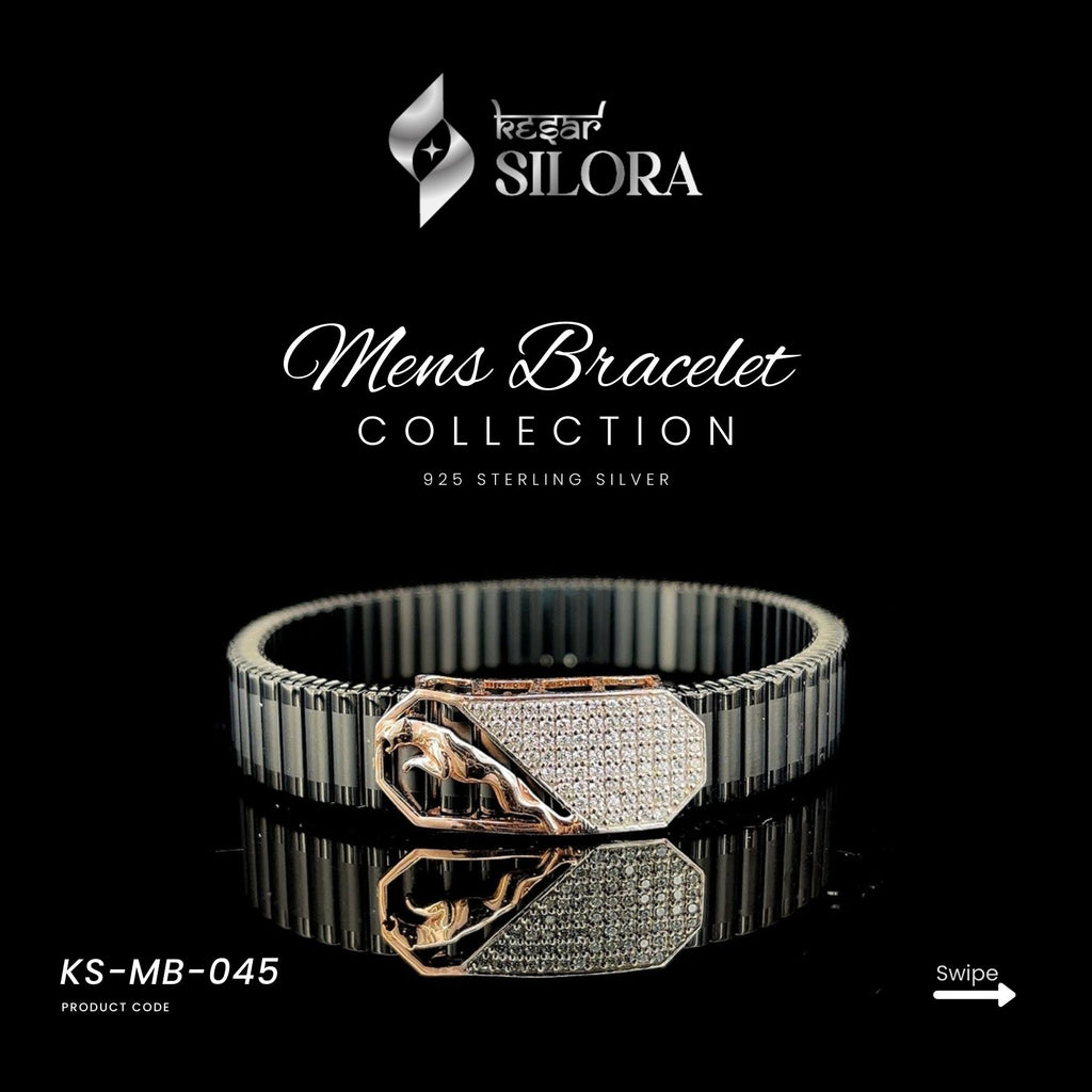 Sterling Silver Black Band Men’s Bracelet With Jaguar Motif On A Diamond Studded Rose Gold Plate