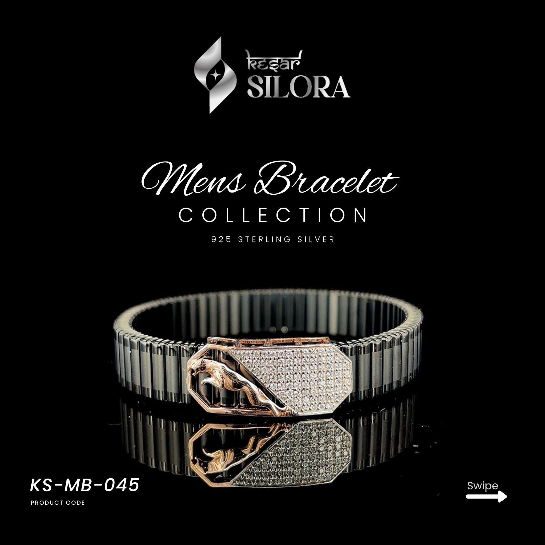 Sterling Silver Black Band Men’s Bracelet With Jaguar Motif On A Diamond Studded Rose Gold Plate